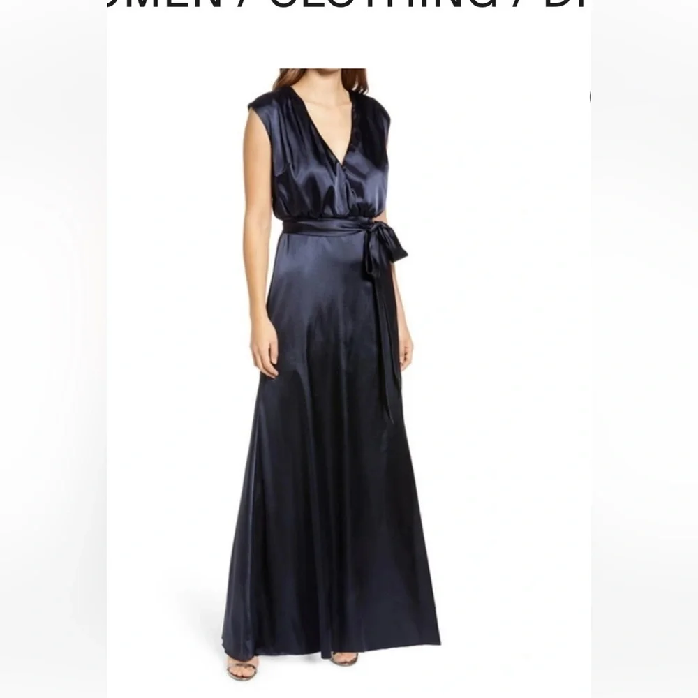 Dessy Collection V Neck Stretch Satin Charmeuse Gown In Midnight Blue